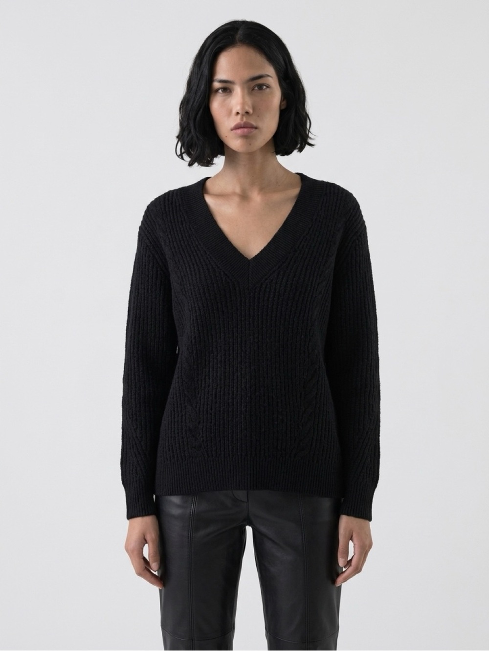 Babaton Black Ribbed V-Neck merino wool Sweater.